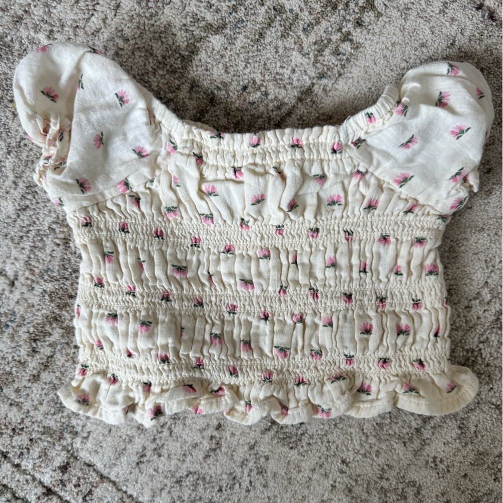 Old Navy Cream Smocked Floral Crop-like shirt with Pink Flowers